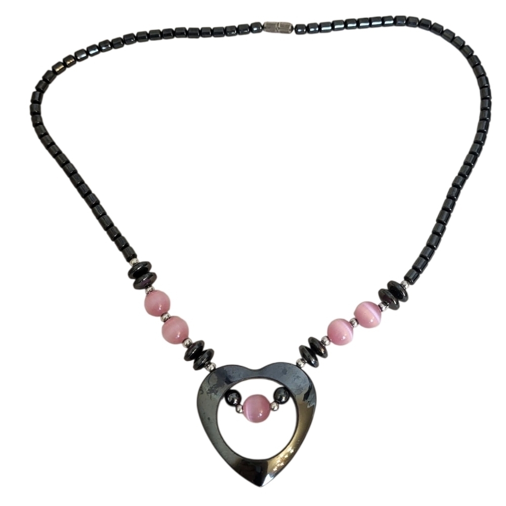 Vintage Hematite & Pink Beaded Heart Necklace